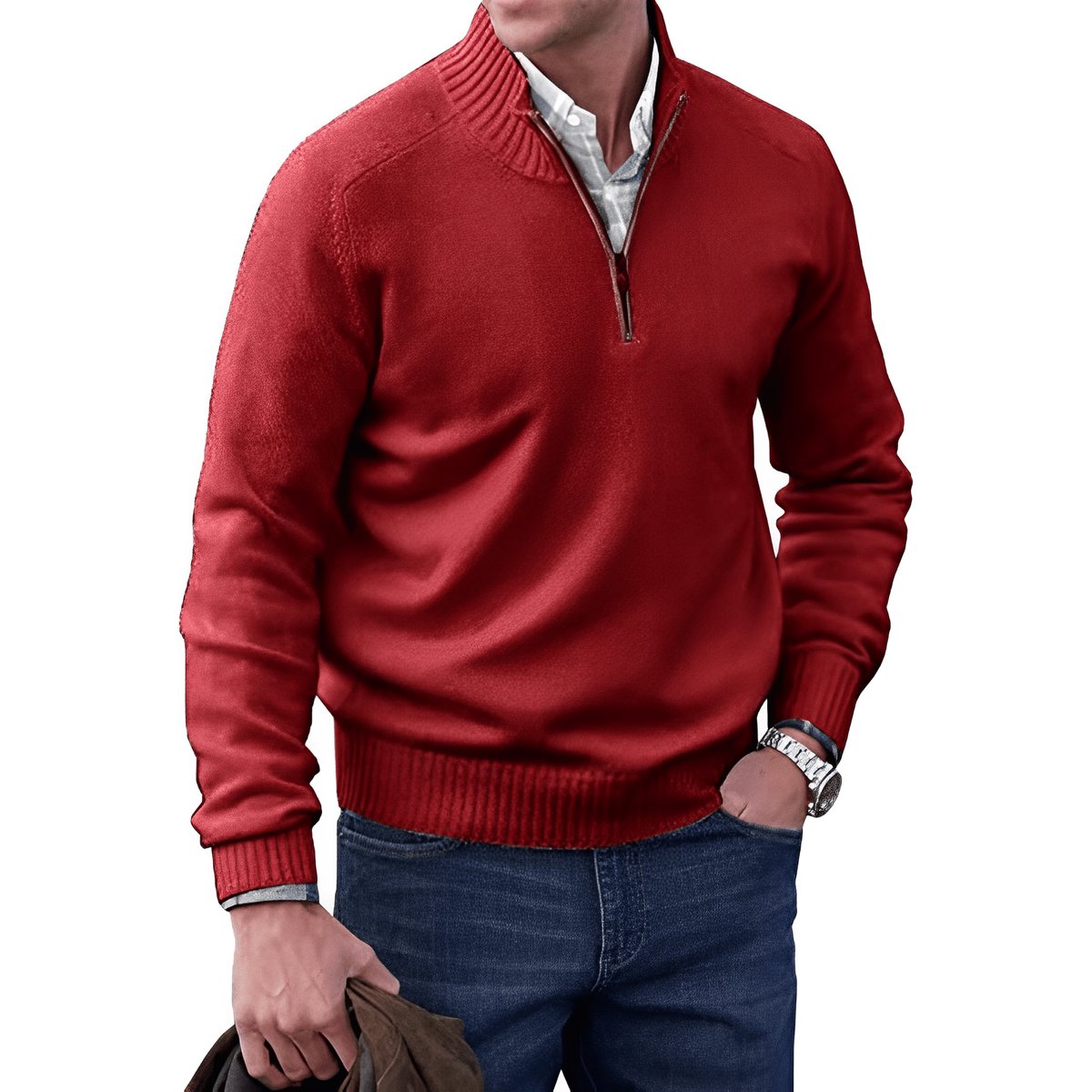 Guillermo | Jersey de Punto con Cremallera Corta y Cuello Alto para Hombre - Rojo