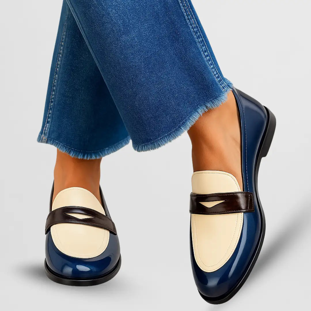 Helena | Mocasines Bicolor Efecto Charol de Estilo Colegial - Azul y crema