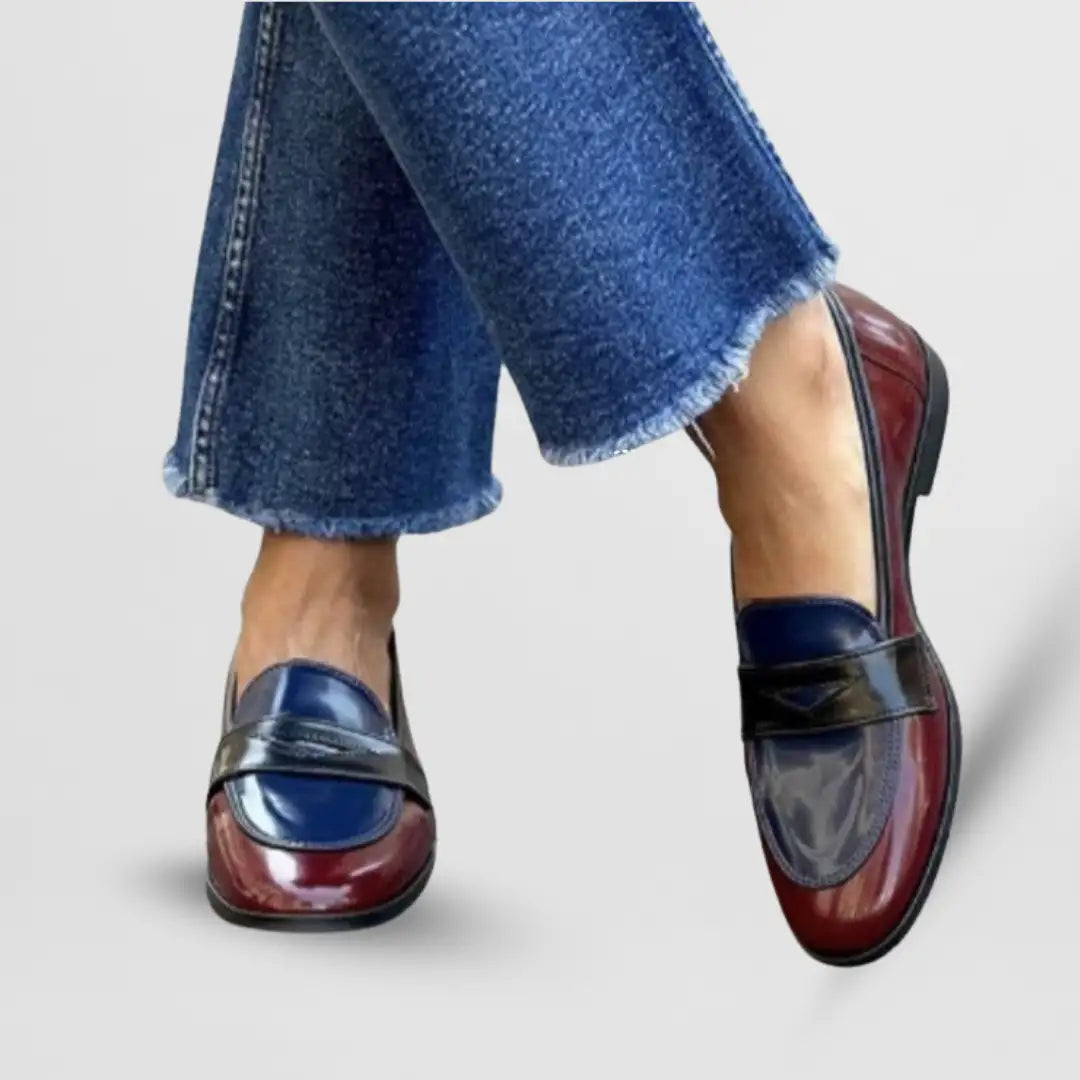 Helena | Mocasines Bicolor Efecto Charol de Estilo Colegial - Burdeos y azul