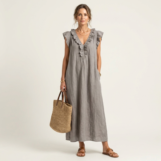 Josette | Vestido Maxi Efecto Lino con Cuello V y Volantes