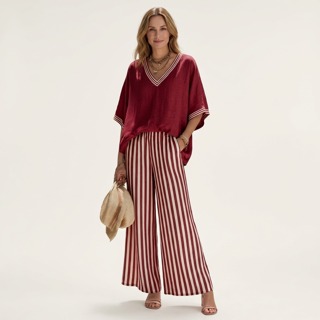 Juliana | Top Varsity con Cuello de V y Conjunto de Pantalón Ancho de Rayas