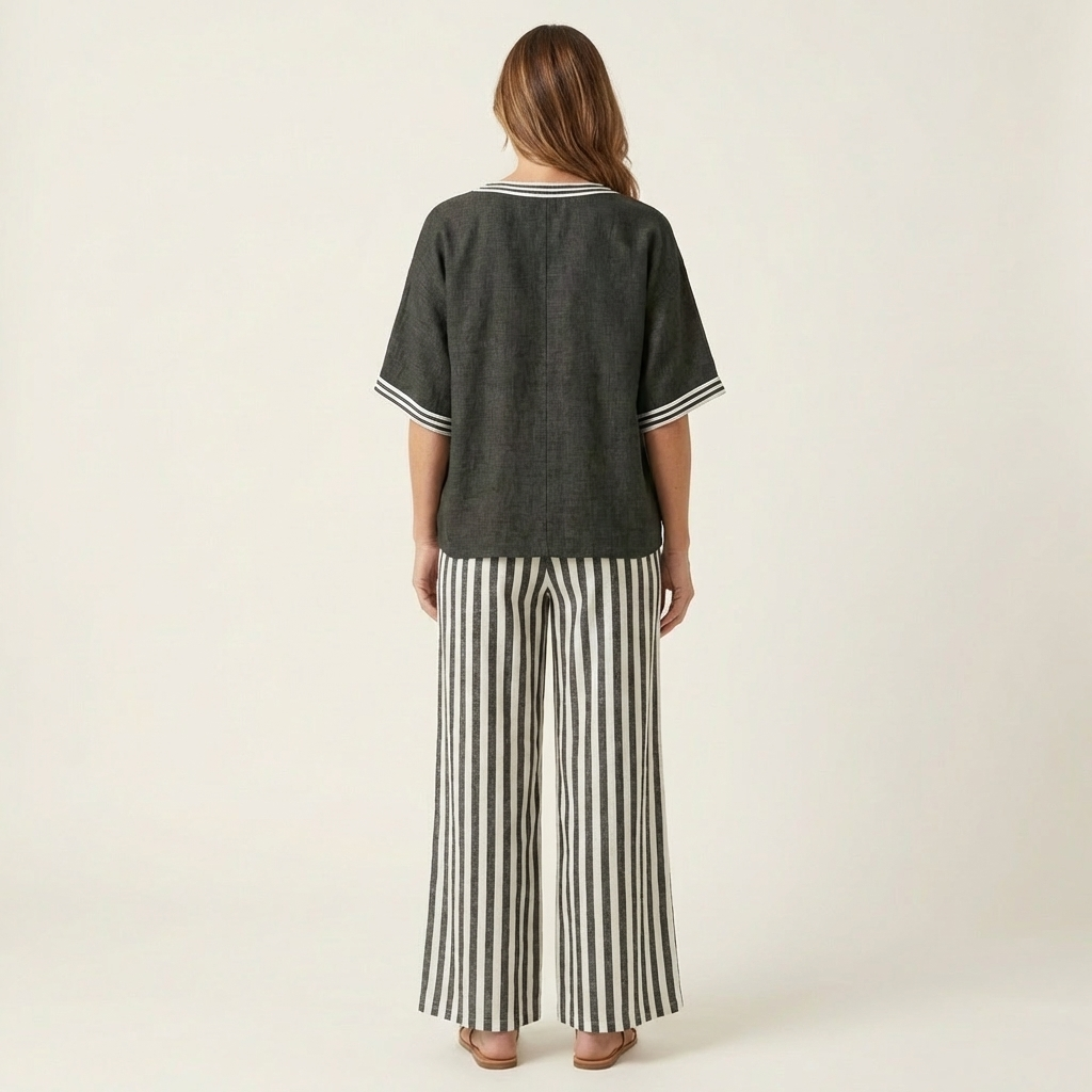 Juliana | Top Varsity con Cuello de V y Conjunto de Pantalón Ancho de Rayas