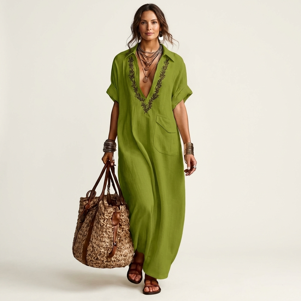 Amarina | Vestido Largo Efecto Lino con Cuello en V Bordado