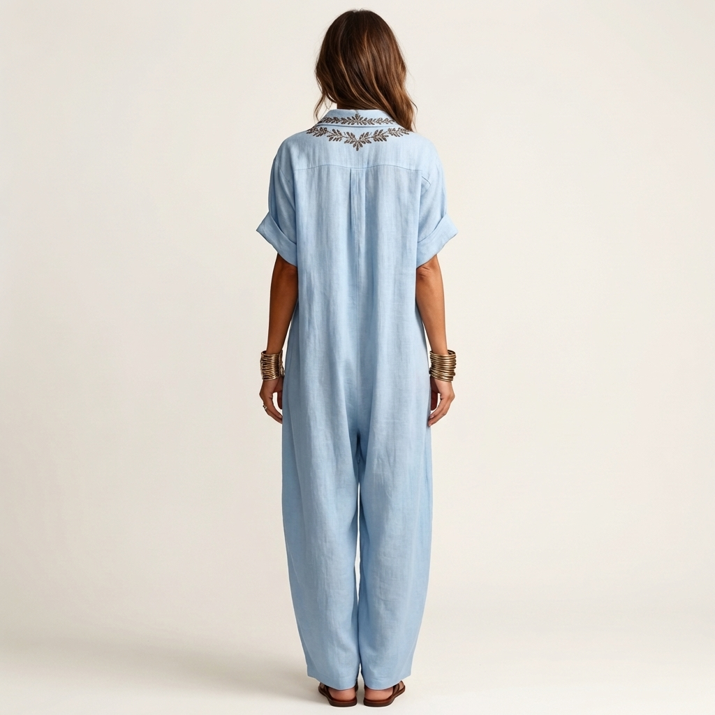Amarina | Vestido Largo Efecto Lino con Cuello en V Bordado