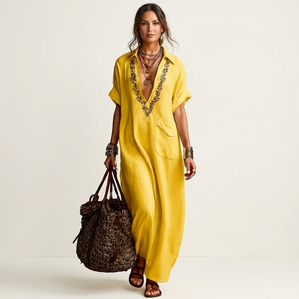Amarina | Vestido Largo Efecto Lino con Cuello en V Bordado