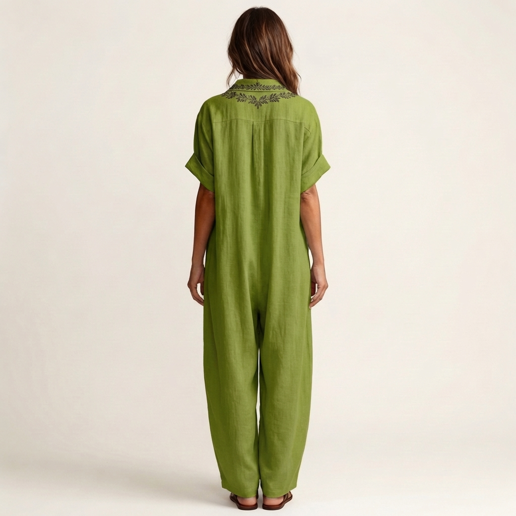 Amarina | Vestido Largo Efecto Lino con Cuello en V Bordado