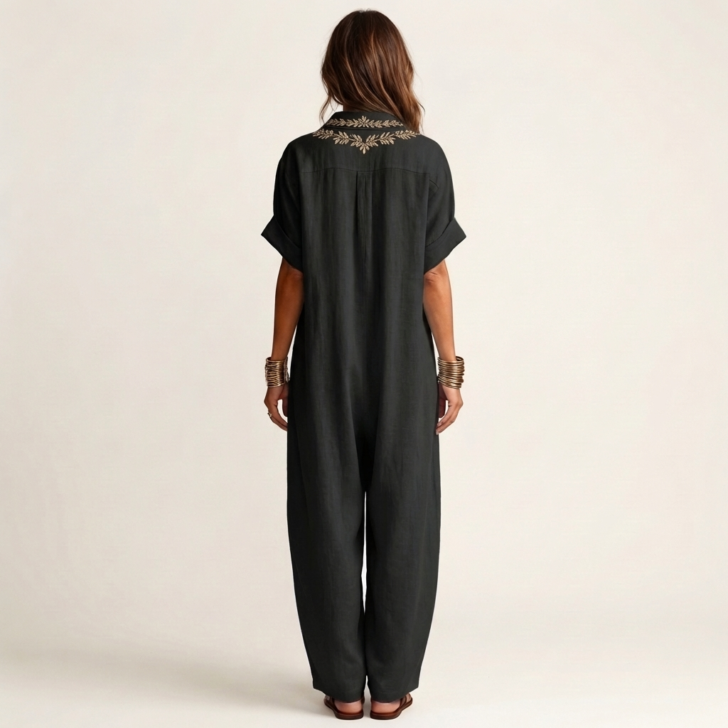 Amarina | Vestido Largo Efecto Lino con Cuello en V Bordado