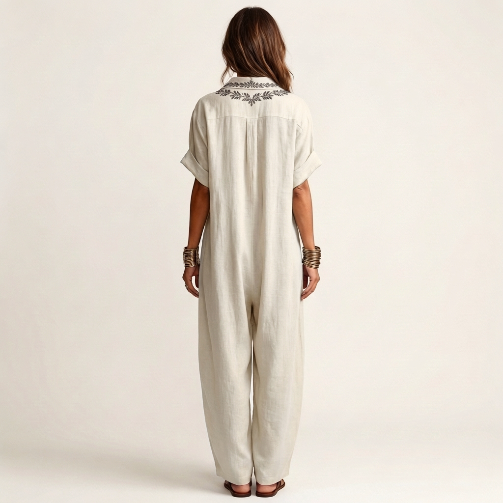Amarina | Vestido Largo Efecto Lino con Cuello en V Bordado