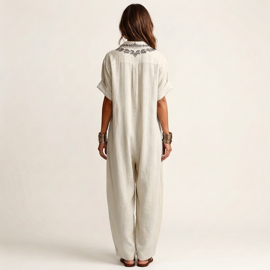 Amarina | Vestido Largo Efecto Lino con Cuello en V Bordado