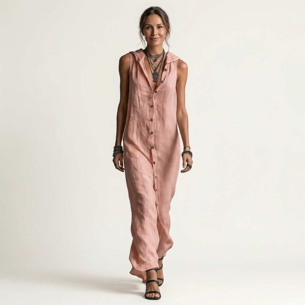 Mirabell | Vestido Maxi Efecto Lino sin Mangas Abotonado con Capucha