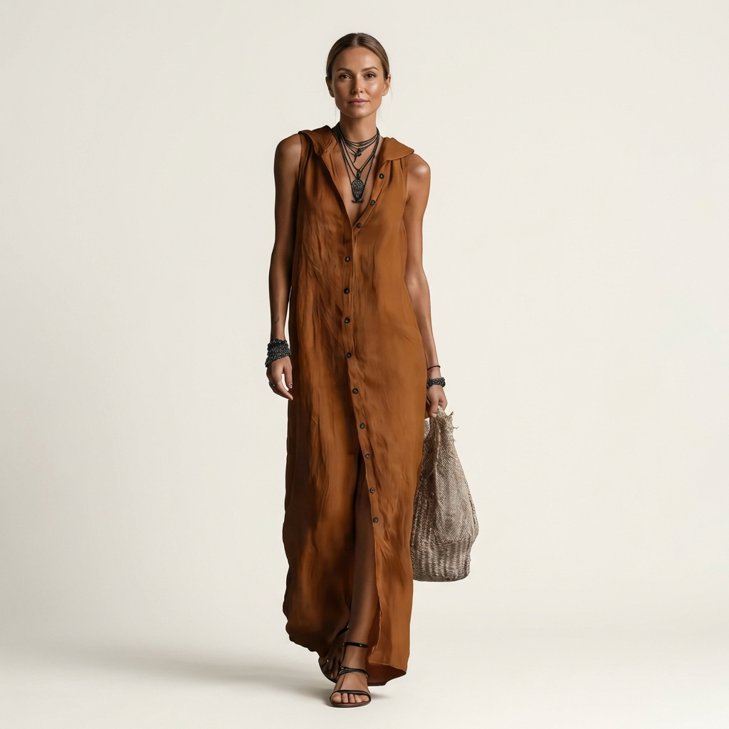 Mirabell | Vestido Maxi Efecto Lino sin Mangas Abotonado con Capucha