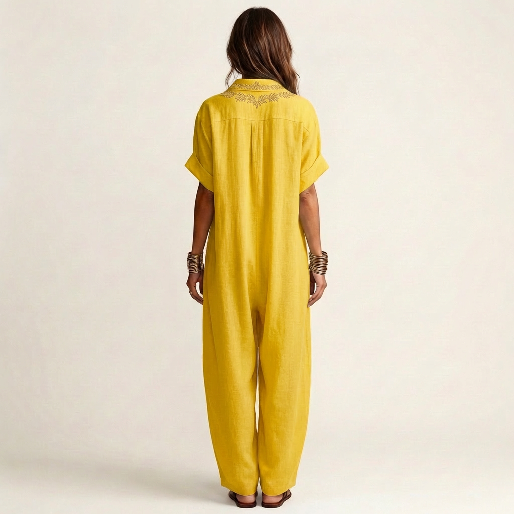 Amarina | Vestido Largo Efecto Lino con Cuello en V Bordado