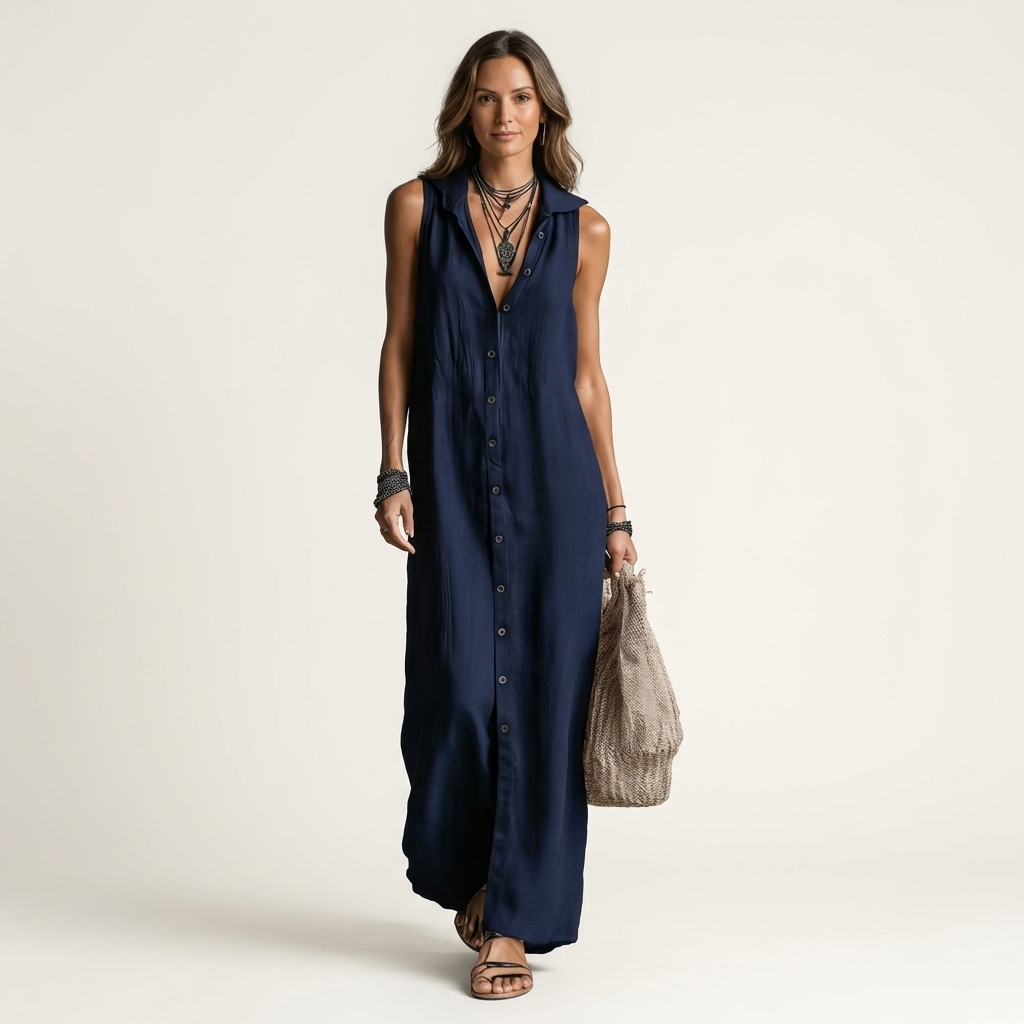 Mirabell | Vestido Maxi Efecto Lino sin Mangas Abotonado con Capucha