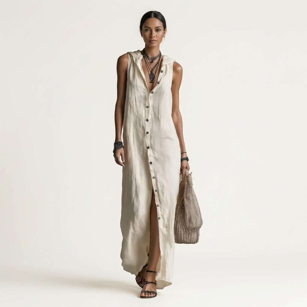 Mirabell | Vestido Maxi Efecto Lino sin Mangas Abotonado con Capucha