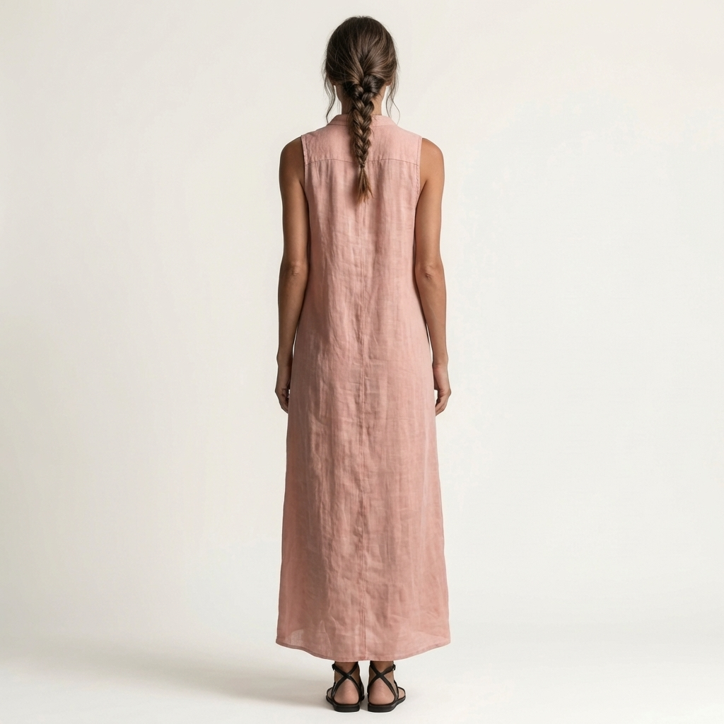 Mirabell | Vestido Maxi Efecto Lino sin Mangas Abotonado con Capucha