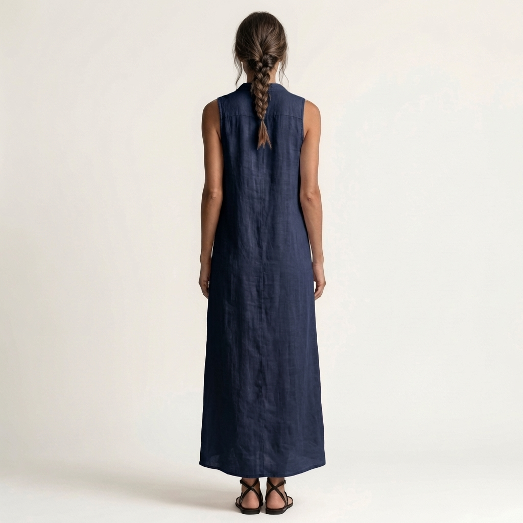 Mirabell | Vestido Maxi Efecto Lino sin Mangas Abotonado con Capucha