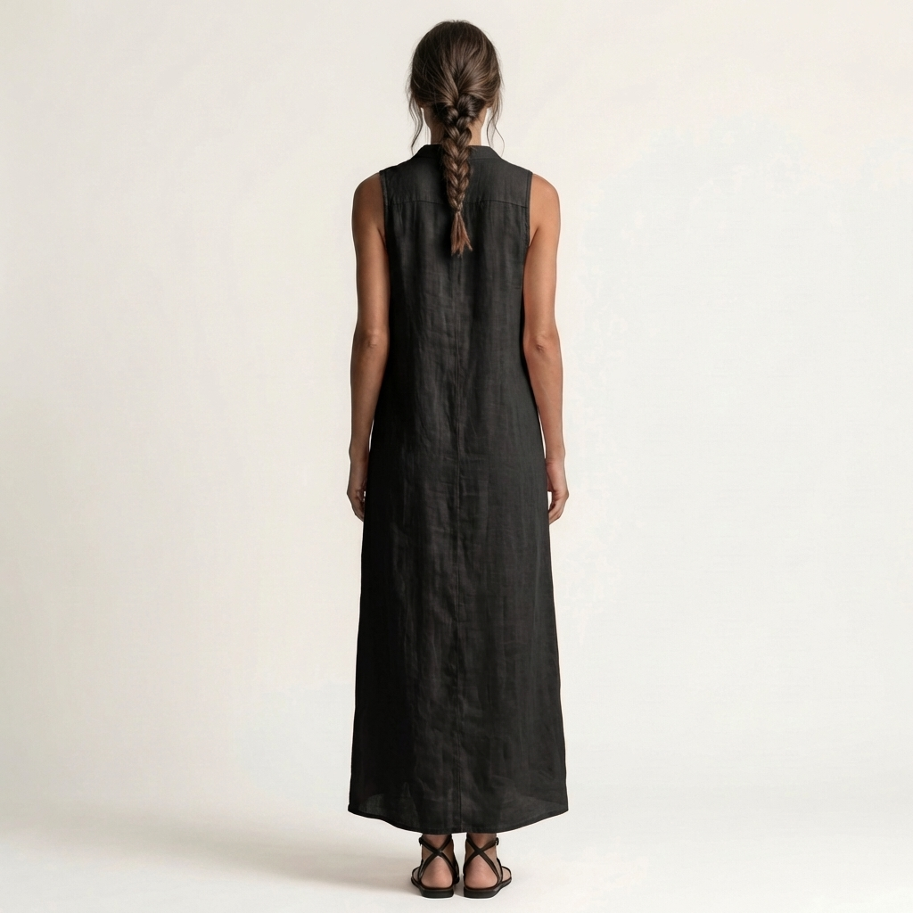 Mirabell | Vestido Maxi Efecto Lino sin Mangas Abotonado con Capucha