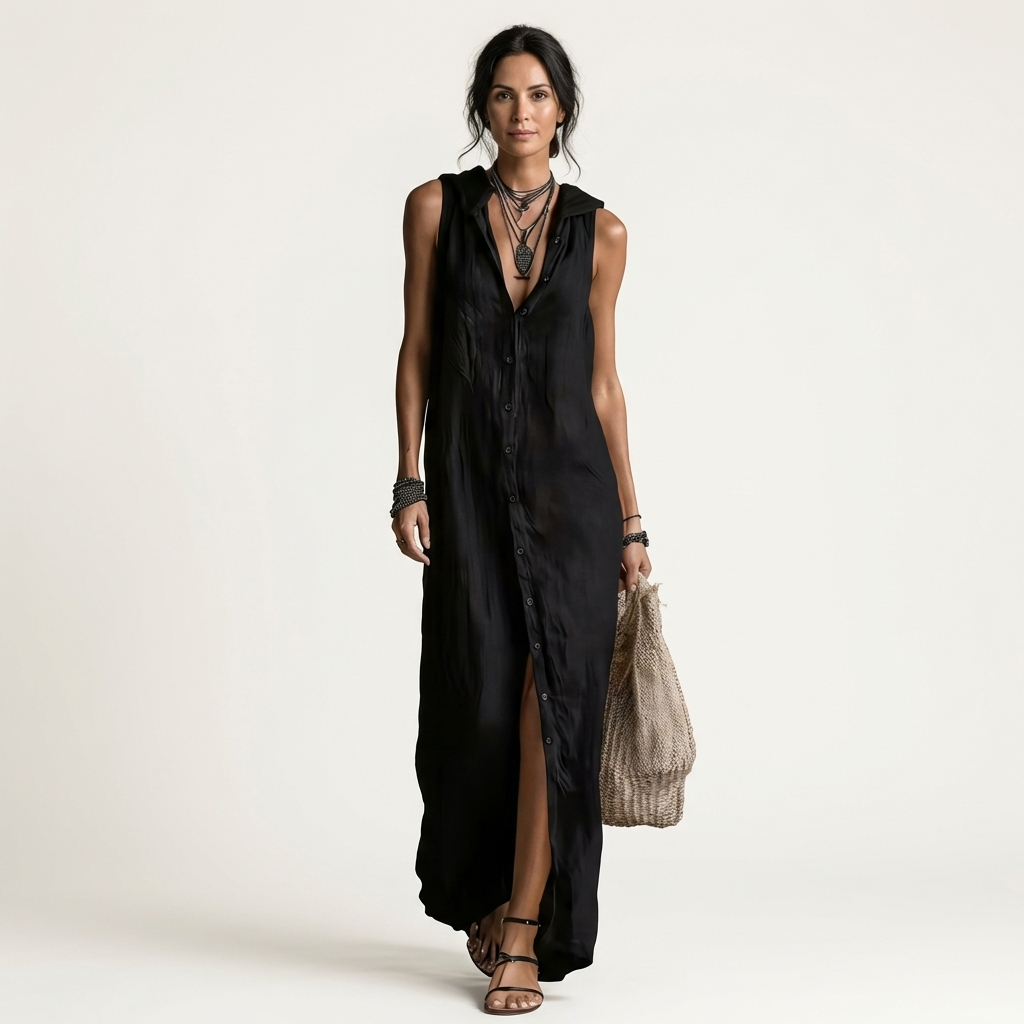 Mirabell | Vestido Maxi Efecto Lino sin Mangas Abotonado con Capucha