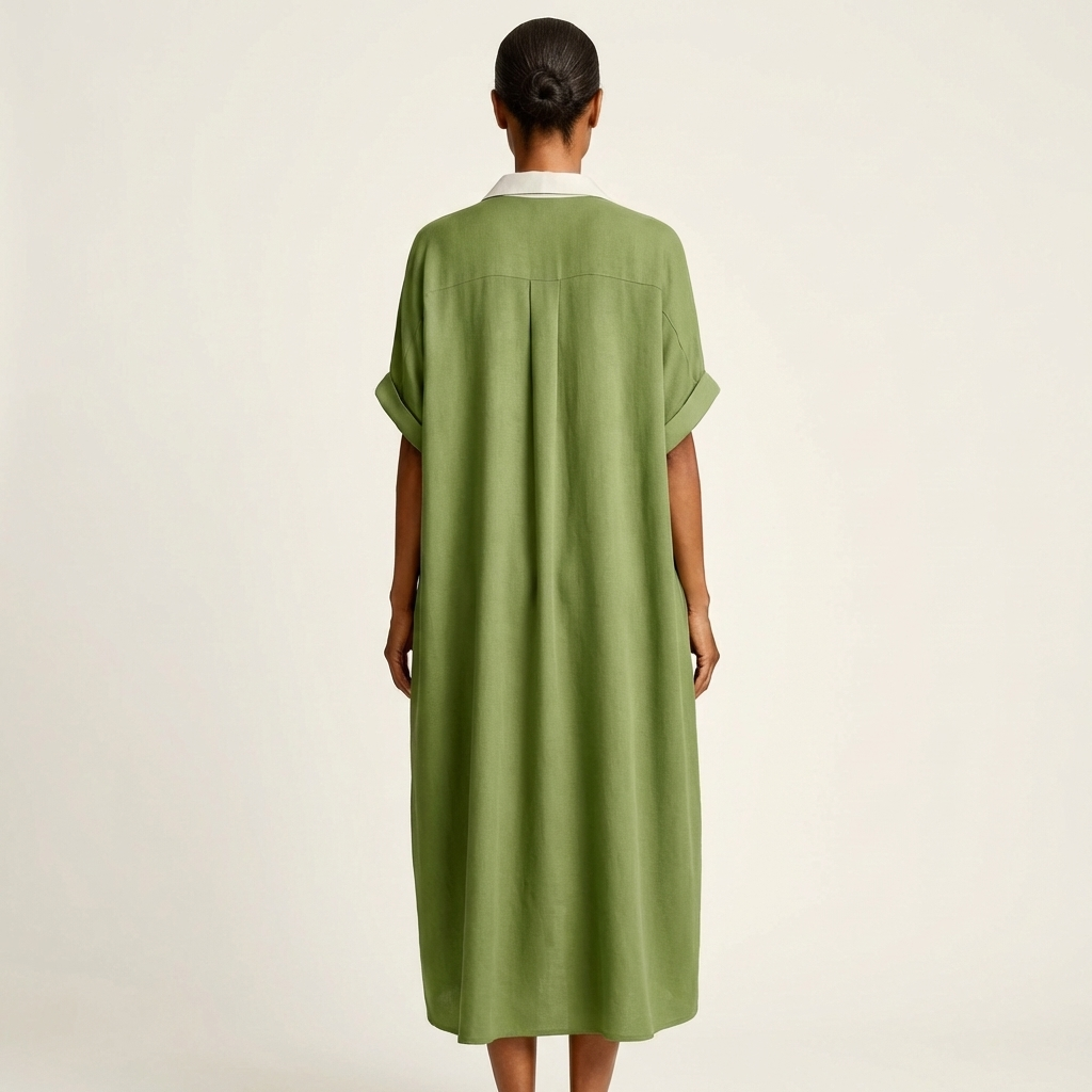 Kamira | Vestido Camisero Maxi de Manga Corta Abotonado Frontal con Cuello Contraste