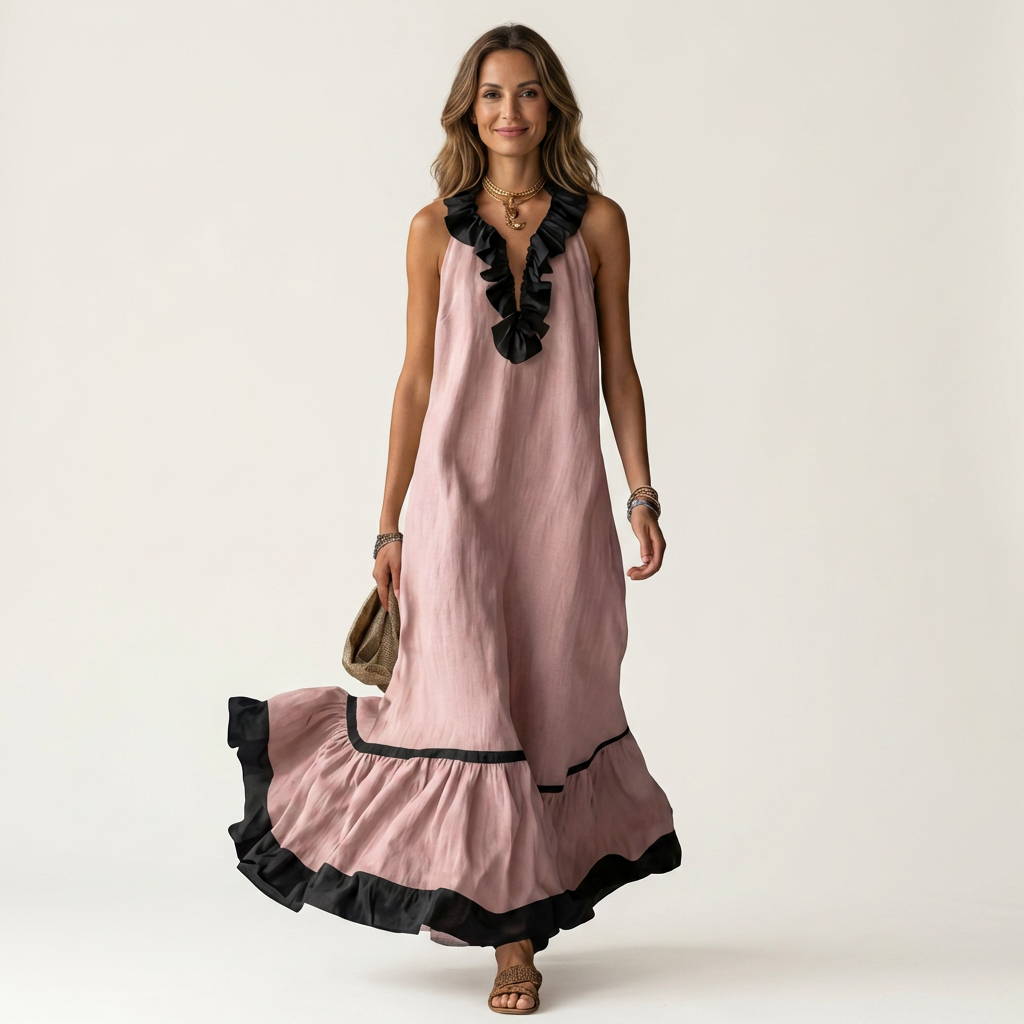 Mayline | Vestido Maxi sin Mangas con Cuello de Volantes y Ribete en Contraste