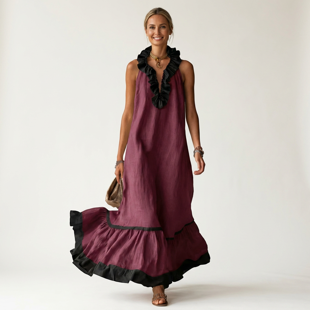 Mayline | Vestido Maxi sin Mangas con Cuello de Volantes y Ribete en Contraste