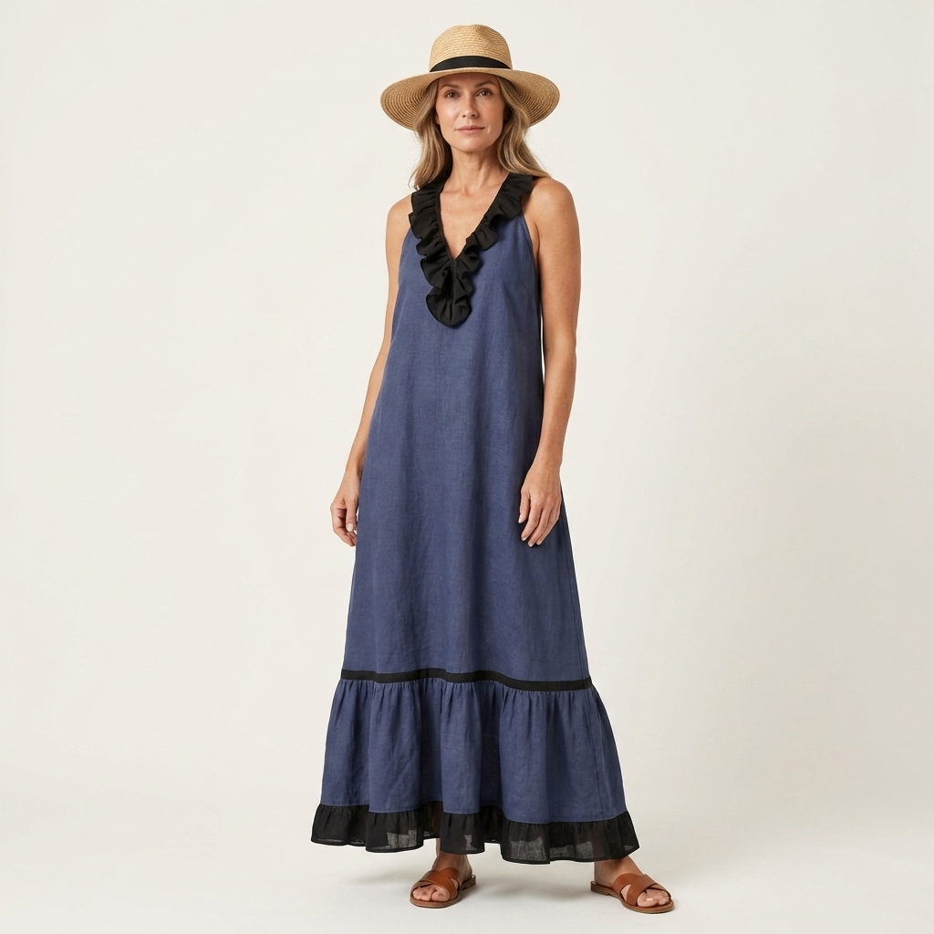 Mayline | Vestido Maxi sin Mangas con Cuello de Volantes y Ribete en Contraste