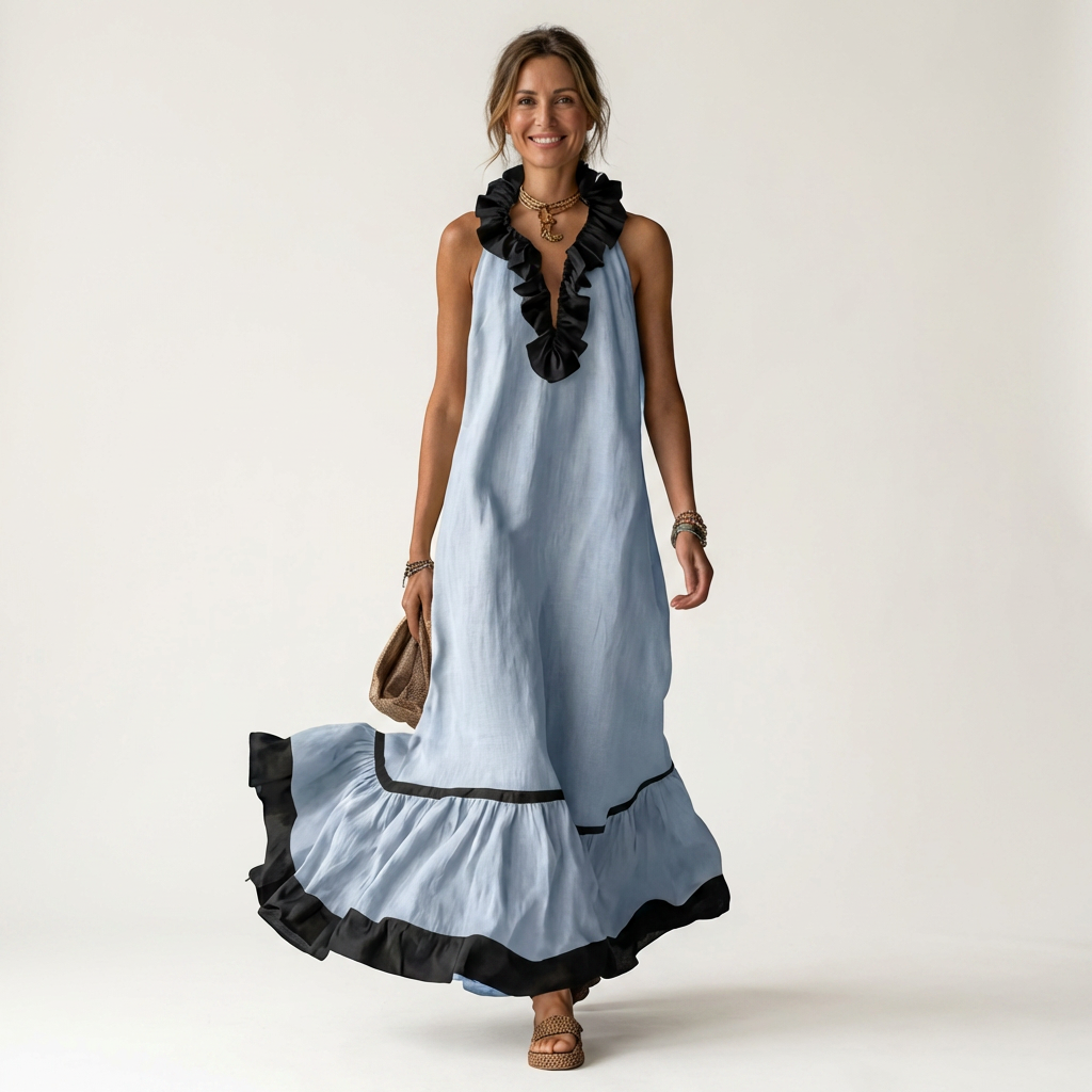 Mayline | Vestido Maxi sin Mangas con Cuello de Volantes y Ribete en Contraste