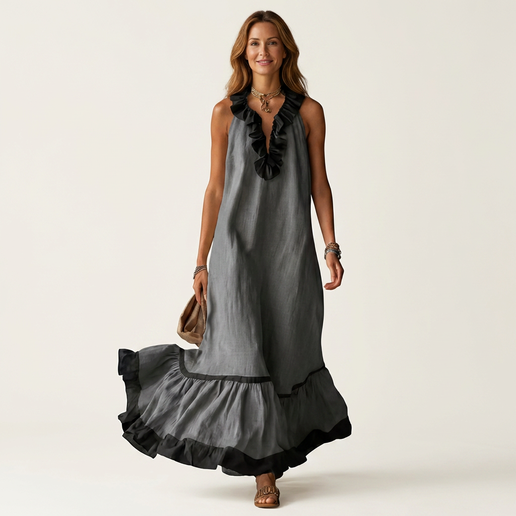 Mayline | Vestido Maxi sin Mangas con Cuello de Volantes y Ribete en Contraste