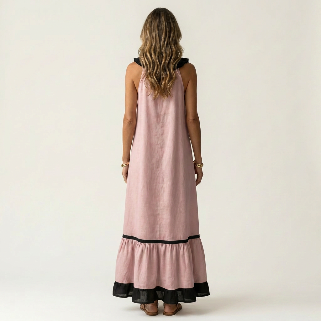 Mayline | Vestido Maxi sin Mangas con Cuello de Volantes y Ribete en Contraste