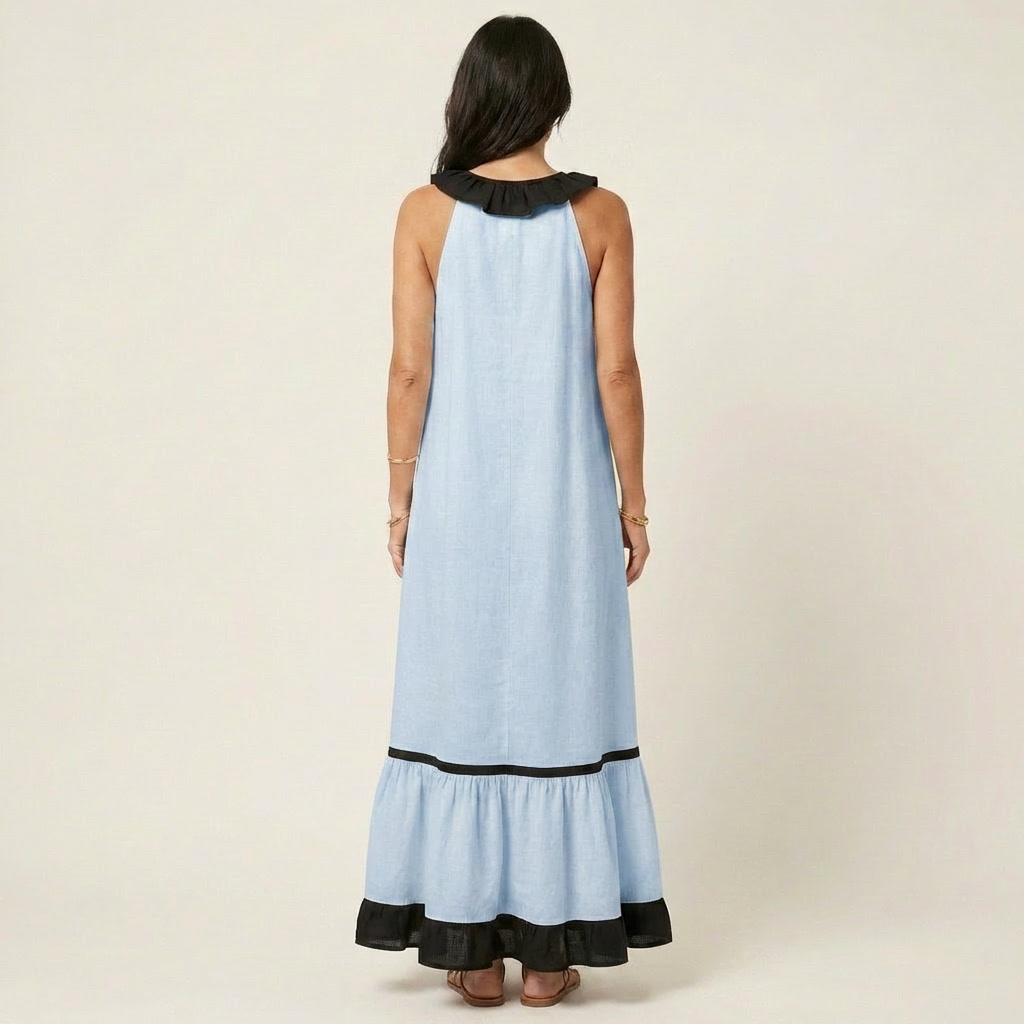 Mayline | Vestido Maxi sin Mangas con Cuello de Volantes y Ribete en Contraste
