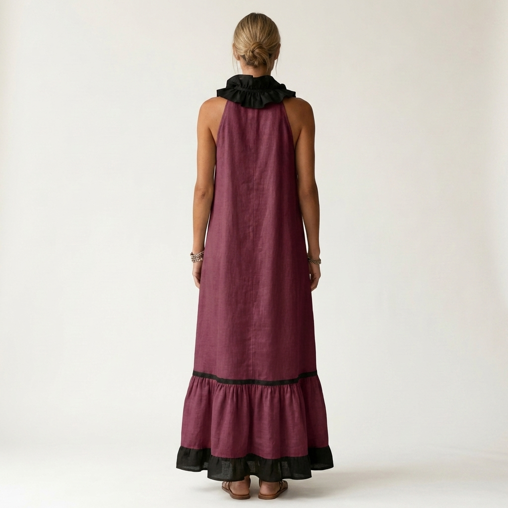 Mayline | Vestido Maxi sin Mangas con Cuello de Volantes y Ribete en Contraste