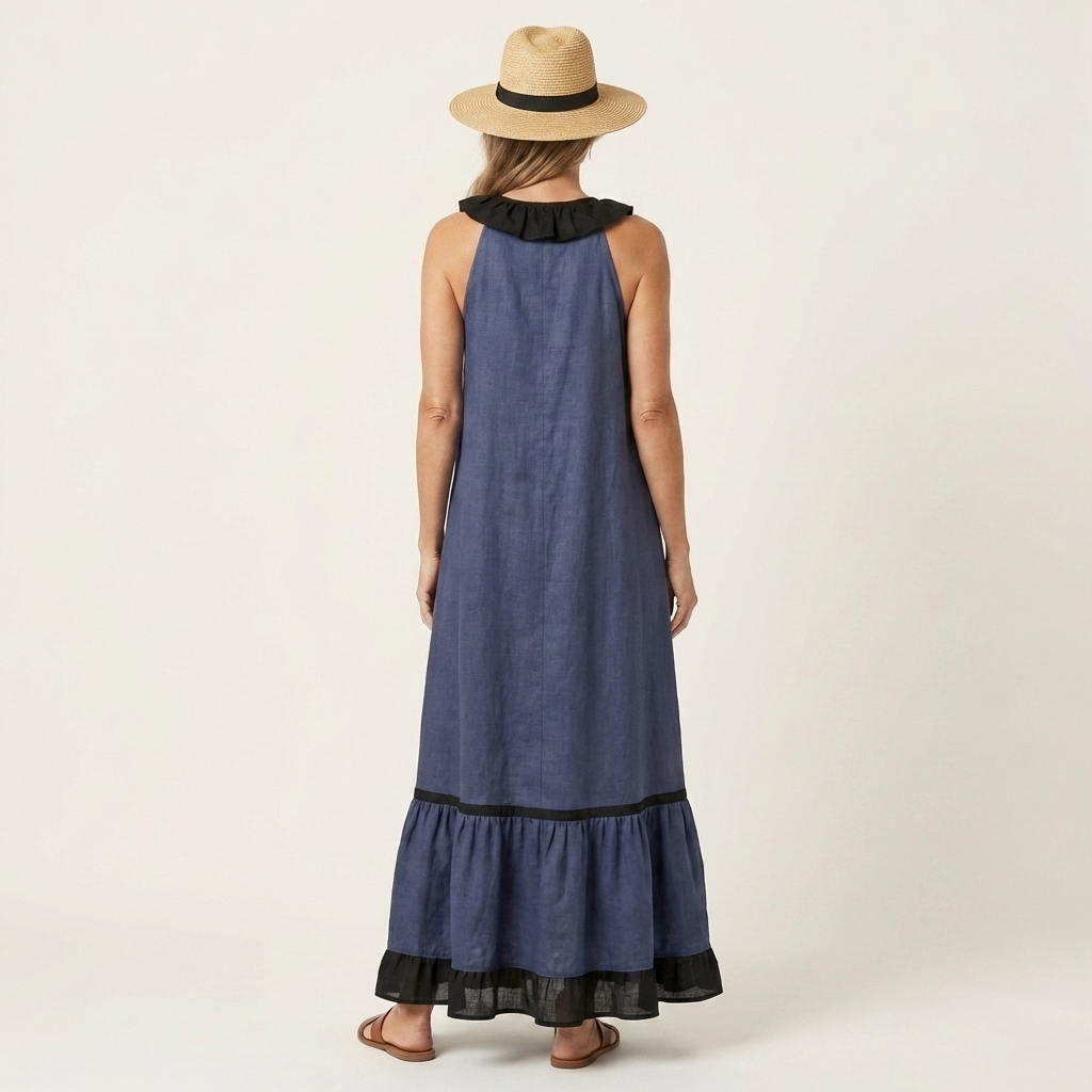 Mayline | Vestido Maxi sin Mangas con Cuello de Volantes y Ribete en Contraste