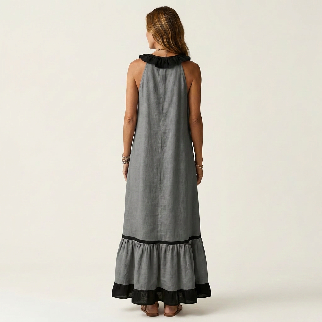 Mayline | Vestido Maxi sin Mangas con Cuello de Volantes y Ribete en Contraste