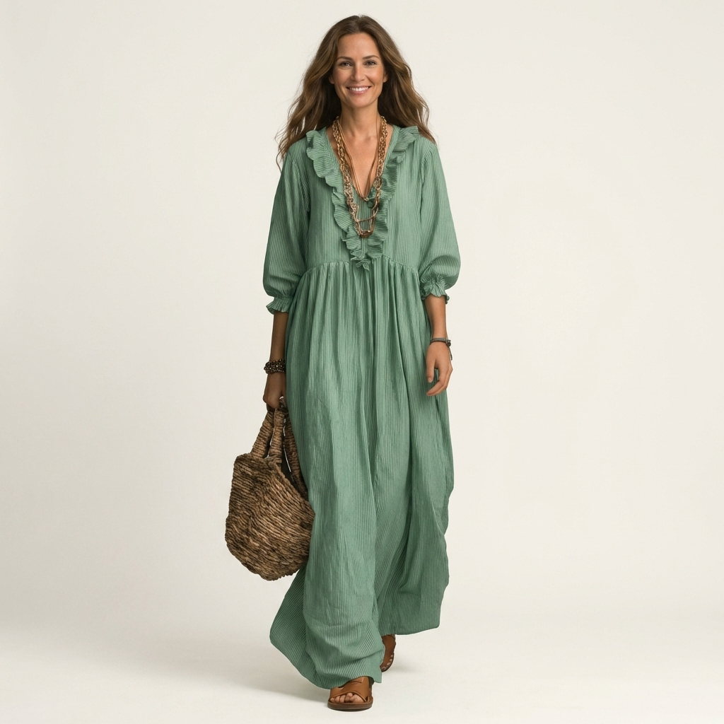 Yosetta | Vestido Largo a Rayas con Cuello V con Volantes y Mangas Linterna