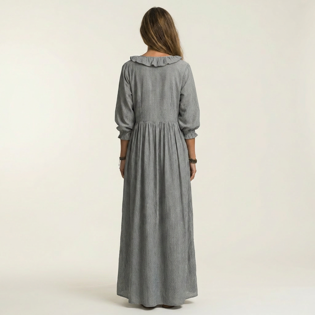 Yosetta | Vestido Largo a Rayas con Cuello V con Volantes y Mangas Linterna