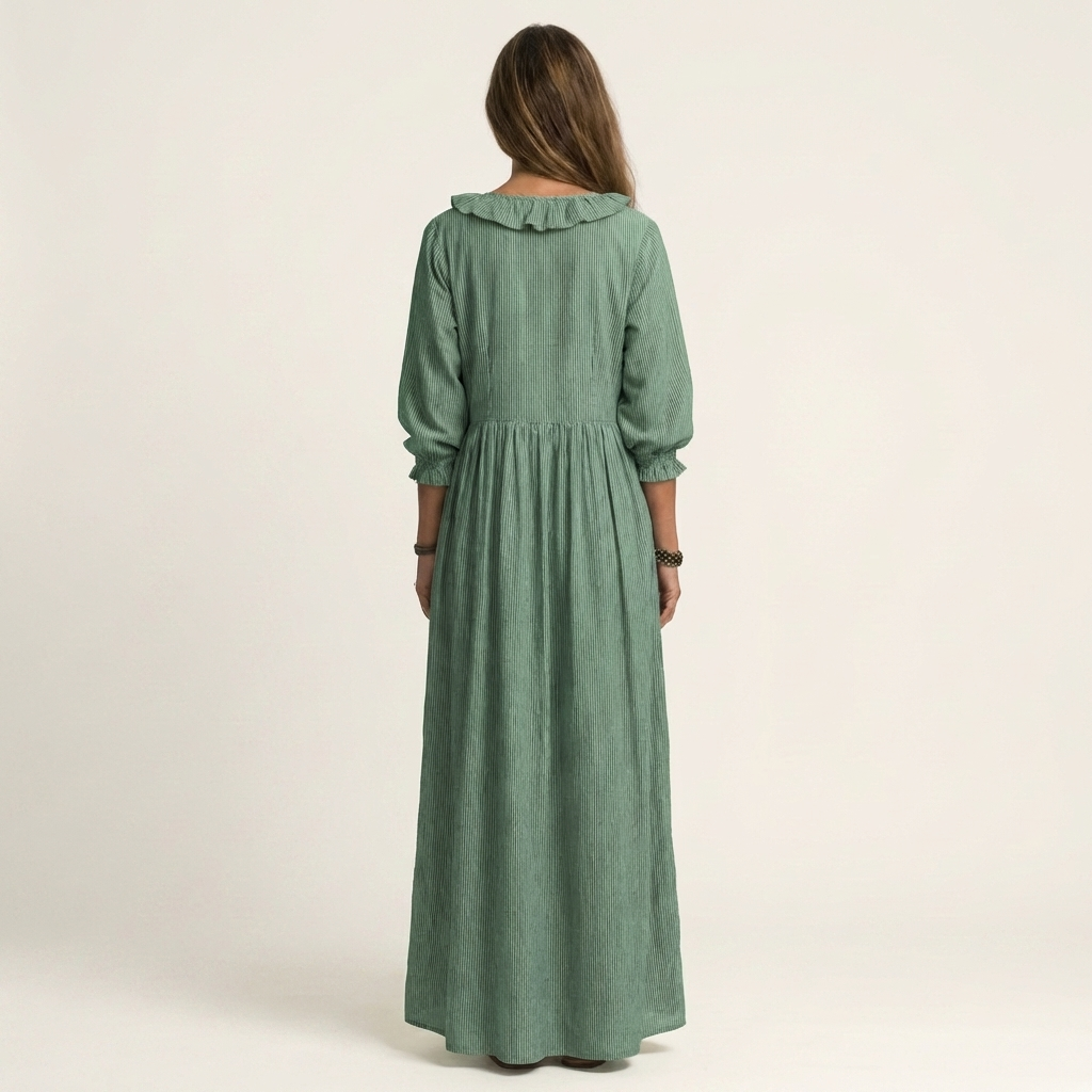 Yosetta | Vestido Largo a Rayas con Cuello V con Volantes y Mangas Linterna