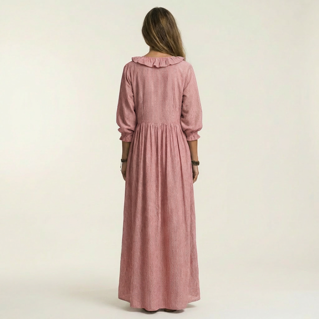 Yosetta | Vestido Largo a Rayas con Cuello V con Volantes y Mangas Linterna