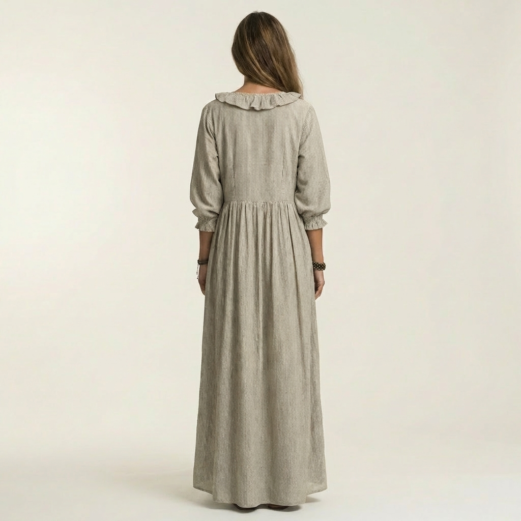 Yosetta | Vestido Largo a Rayas con Cuello V con Volantes y Mangas Linterna