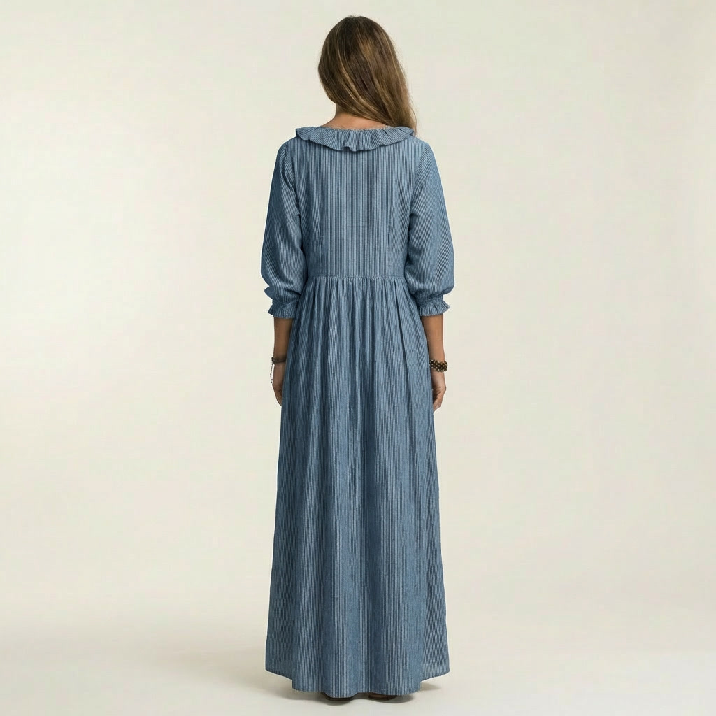 Yosetta | Vestido Largo a Rayas con Cuello V con Volantes y Mangas Linterna