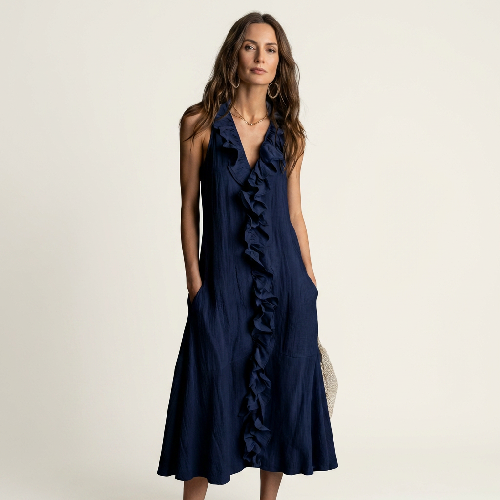 Vicky | Vestido Maxi Efecto Lino sin Mangas con Cuello en V y Volante Frontal