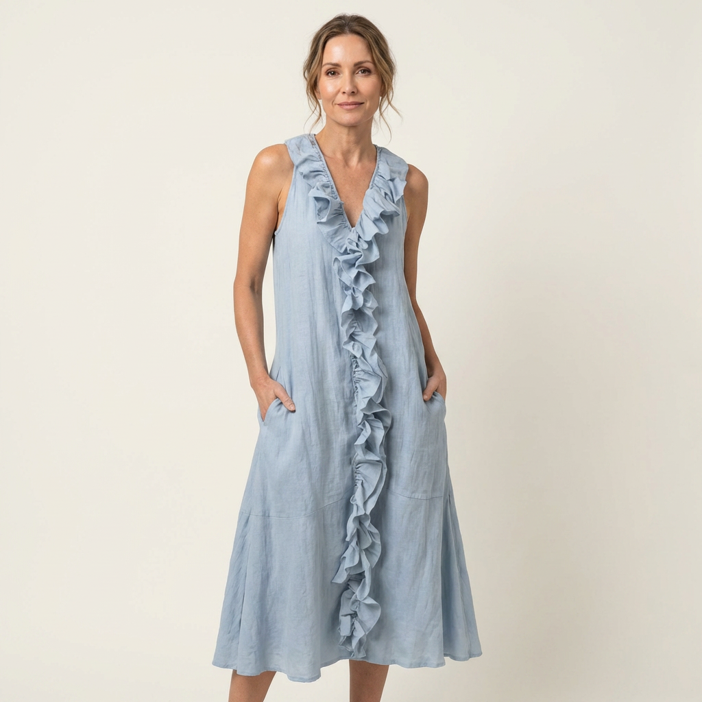 Vicky | Vestido Maxi Efecto Lino sin Mangas con Cuello en V y Volante Frontal