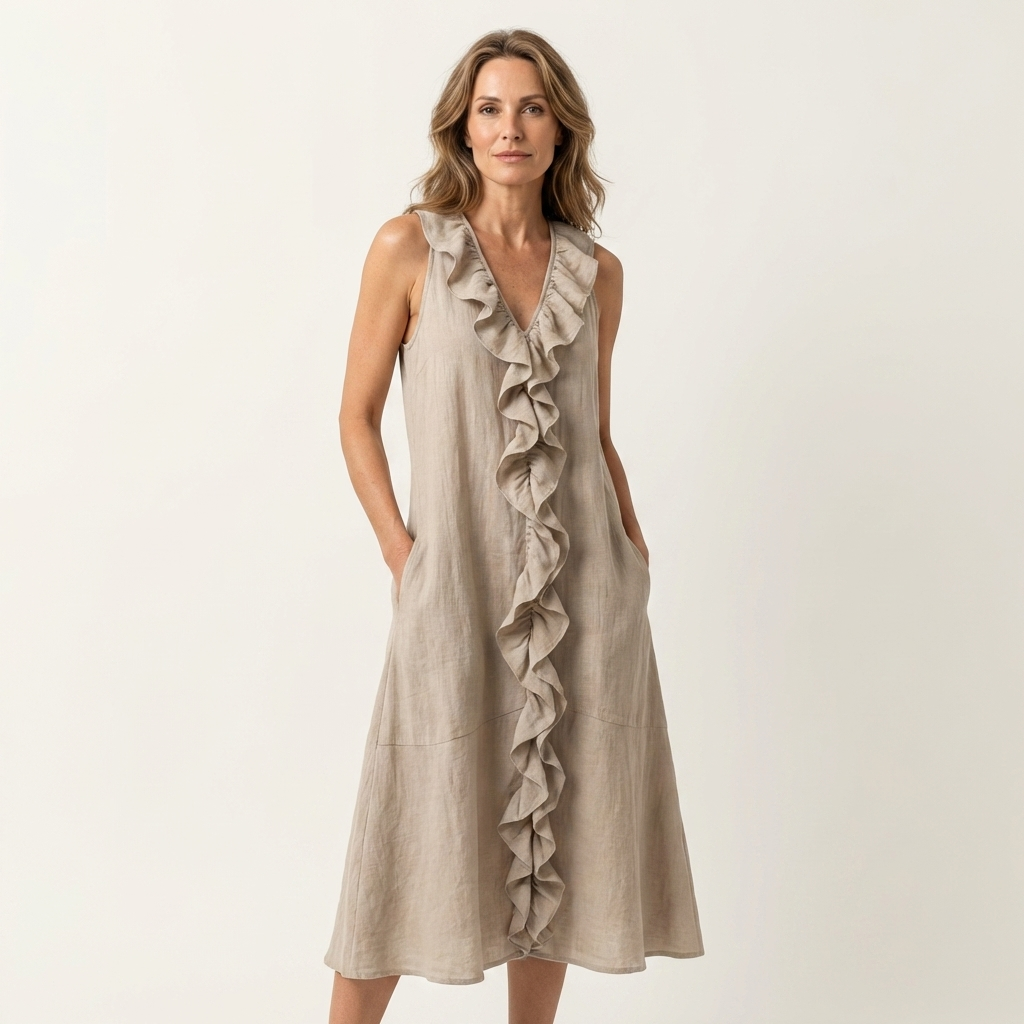 Vicky | Vestido Maxi Efecto Lino sin Mangas con Cuello en V y Volante Frontal
