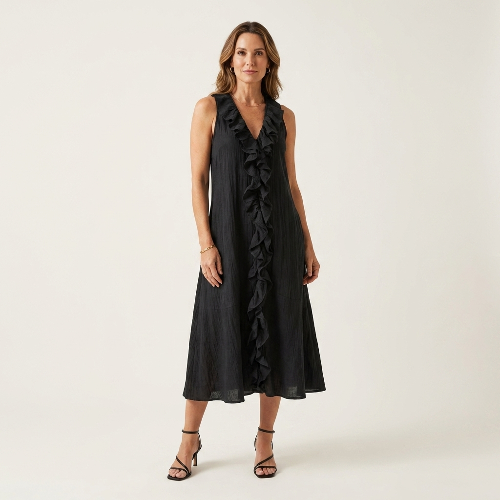 Vicky | Vestido Maxi Efecto Lino sin Mangas con Cuello en V y Volante Frontal