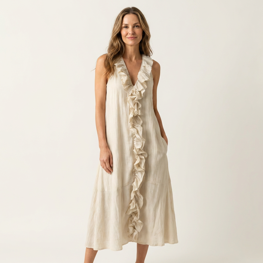 Vicky | Vestido Maxi Efecto Lino sin Mangas con Cuello en V y Volante Frontal