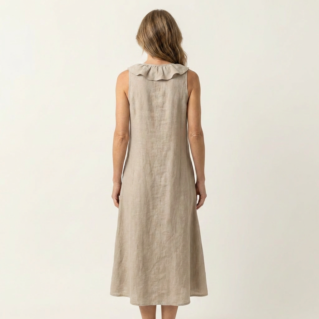 Vicky | Vestido Maxi Efecto Lino sin Mangas con Cuello en V y Volante Frontal
