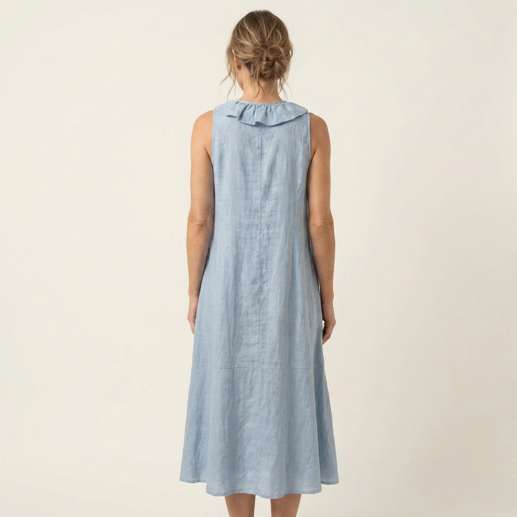 Vicky | Vestido Maxi Efecto Lino sin Mangas con Cuello en V y Volante Frontal