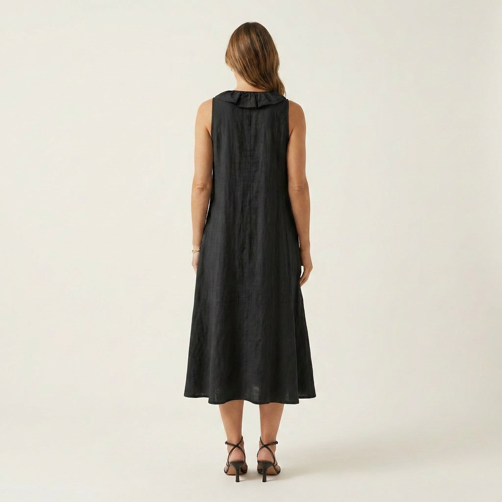 Vicky | Vestido Maxi Efecto Lino sin Mangas con Cuello en V y Volante Frontal
