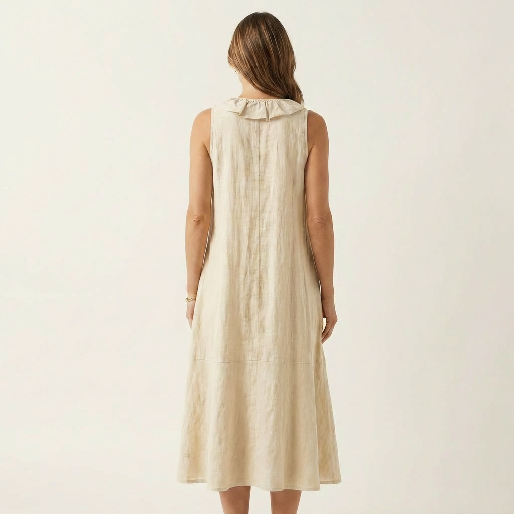 Vicky | Vestido Maxi Efecto Lino sin Mangas con Cuello en V y Volante Frontal