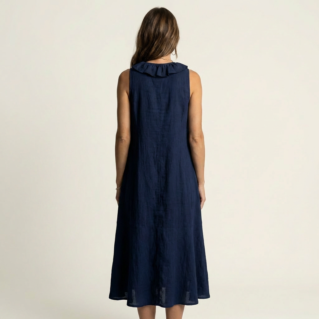 Vicky | Vestido Maxi Efecto Lino sin Mangas con Cuello en V y Volante Frontal