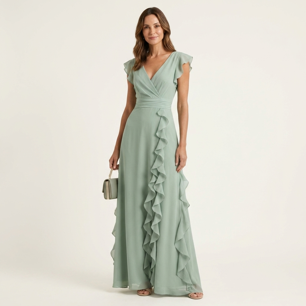 Nellyana | Vestido Largo Cruzado Escote V, Mangas Mariposa y Volante Cascada